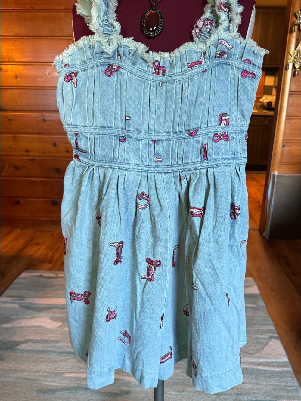 PEACH LOVE Light Wash Denim Romper w/ Pink Embroidery Cowboy Boots & Horseshoes